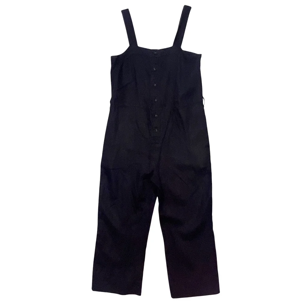 Everlane Black 100% Linen Lagenlook Button Front Wide Leg Jumpsuit Overalls 6